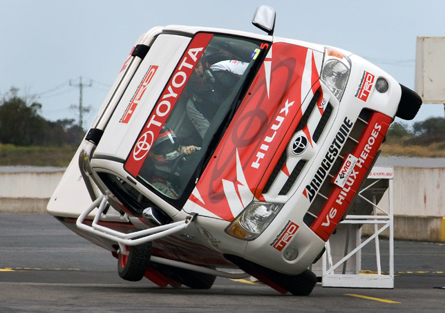 Timo Glock driving with the Toyota Hilux stunt in Melbourne Timo Glock driving with the Toyota Hilux stunt in Melbourne