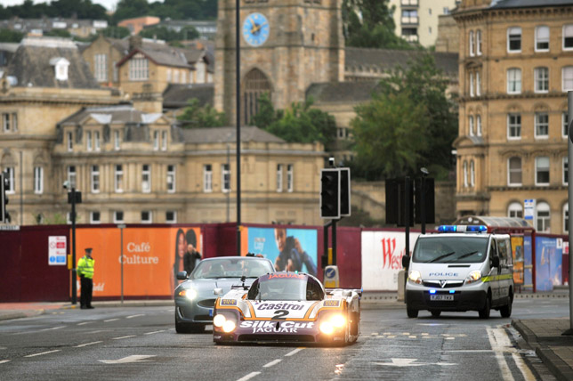 The iconic Le Mans winning Jaguar XJR-9LM car runs through the streets of Bradford during the 2009 Bradford Classic. The iconic Le Mans winning Jaguar XJR-9LM car runs through the streets of Bradford during the 2009 Bradford Classic.